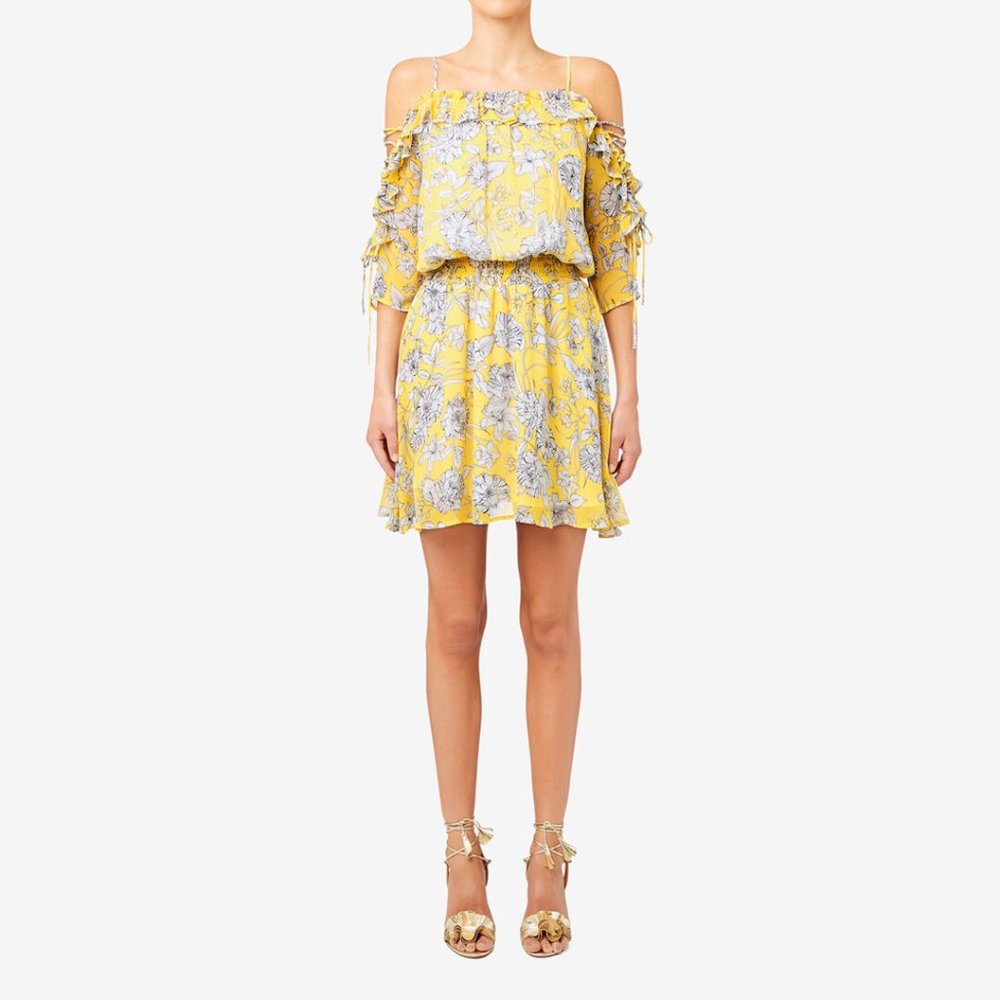 SEED Tie Sleeve Daffodil Yellow Floral Cold Shoulder Mini Dress - Picture 2 of 13